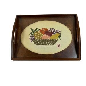 Cross Stitch Wood Serving Centerpiece Tray handles Fruit Basket Design Retro 12”